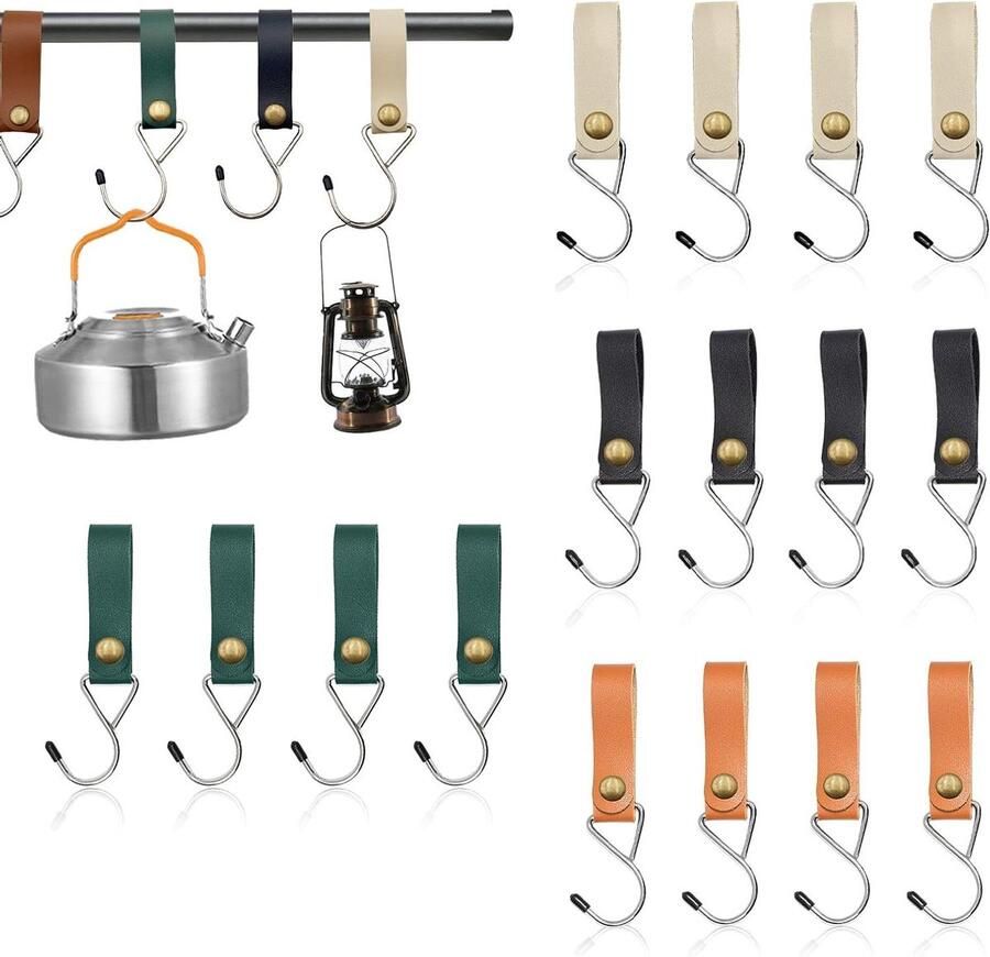 Allecto Plus 12 stuks Leren S-haken voor Kledingstang Multifunctionele Haken voor Kledingkast Camping en Buggy 16 x 2cm