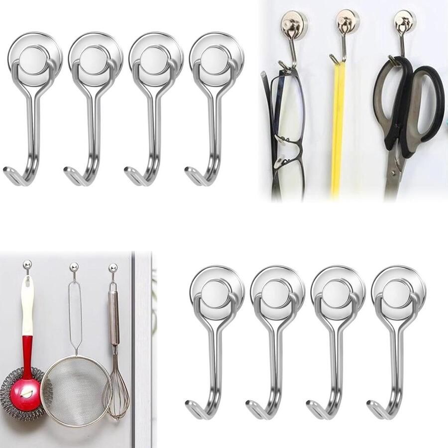 Premium Magneethaken Extra Sterk Draaibare Schommel Neodymium IJzeren Deuren Koelkasten Keukens Kledingrek Kantoor Zilver Set van 8