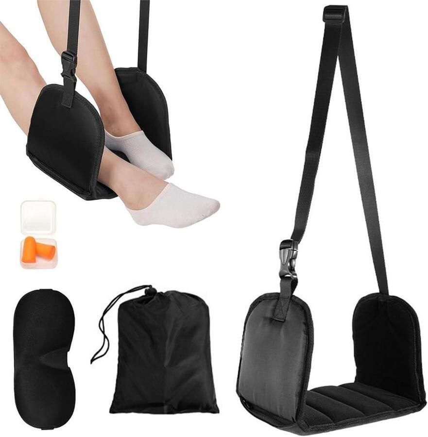 Premium Memory Foam Footrest Height Adjustable and Portable for Airplanes Office Dorm Includes Sleep Mask and Earplugs