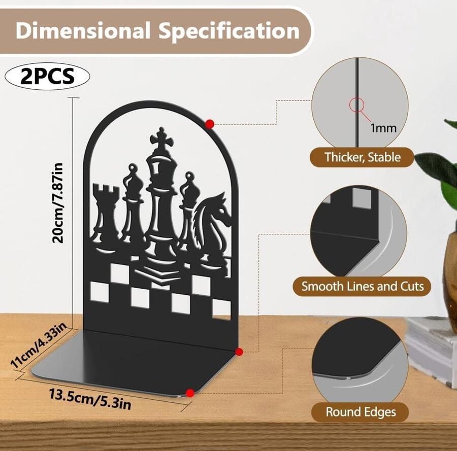 Premium Metalen Boekensteunen Schaakmotief Decoratieve Boekenhouder Antislip Thuis Kantoor Bibliotheek Zware Boeken Set van 2stuks