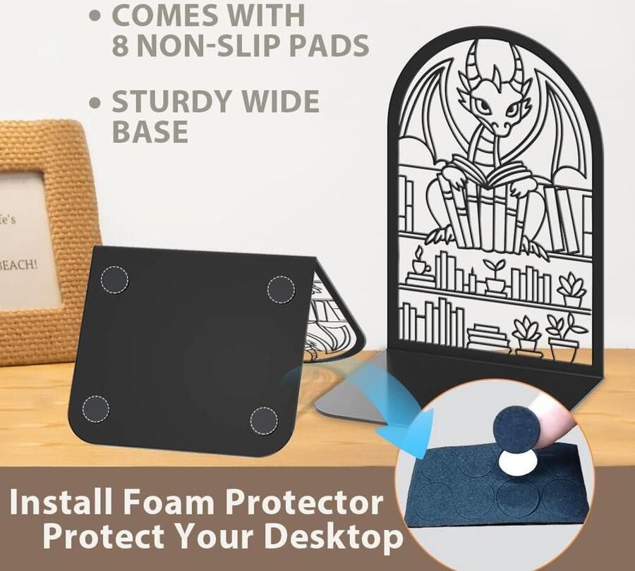 Premium Metalen Boekensteunen Zwart Robuust Drakenmotief Decoratief voor Bureau Kantoor Thuis Boekenplankhouder Bibliotheken Set van 2