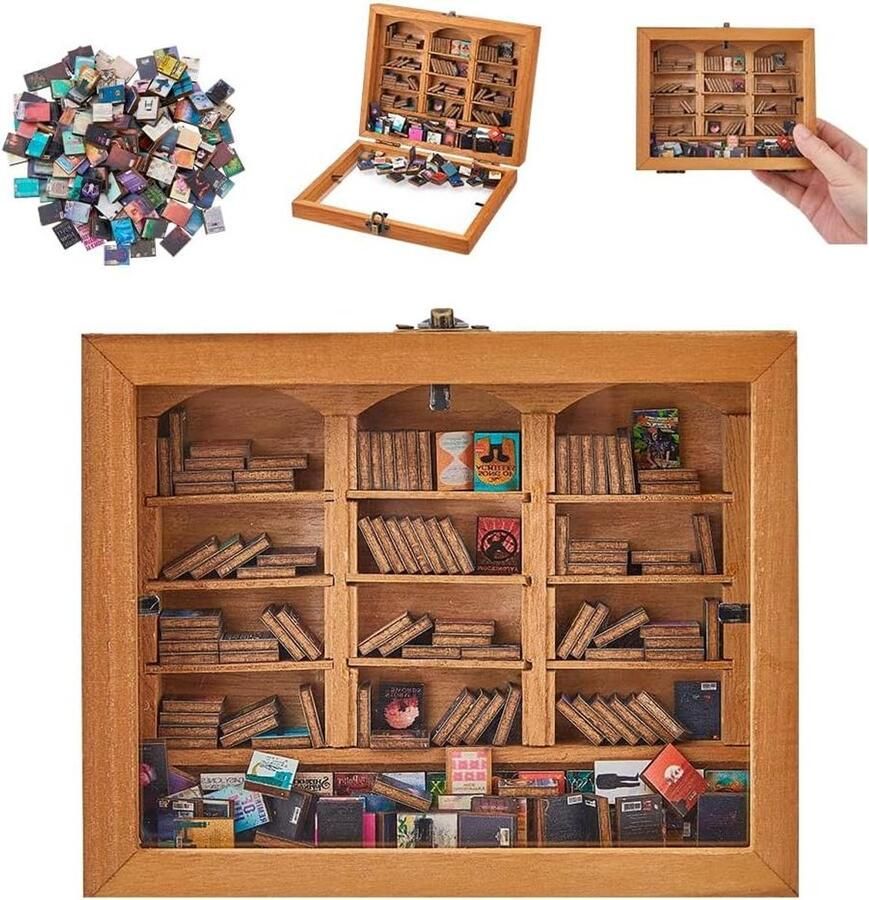 Premium Mini Boekenplank Ornament Decoratieve Miniatuur Boek Display Plank met 200 Mini Boeken Thuis Kantoor Poppenhuis Kleine Bibliotheek Decoratie