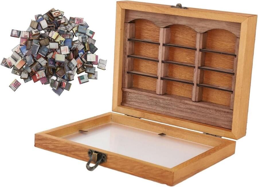 Premium: Miniatuur Boekenplank Ornament met Verlichting en Schuddend Effect Leuke Boekendozen Vitrine Angst Wegschudden met Schud Boekenplank