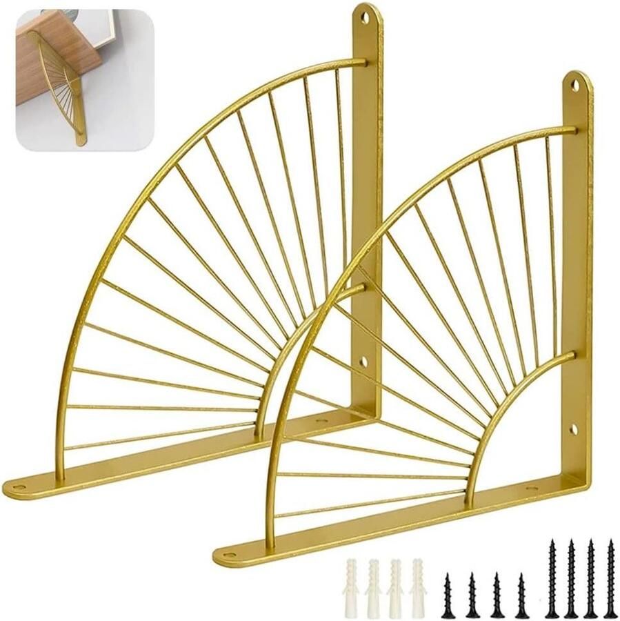 Premium Plankhouders Waaiervorm Goudkleurig Set van 2 Metaal Restaurant Wandplanken Hoekplanken Keuken Woonkamer Slaapkamer