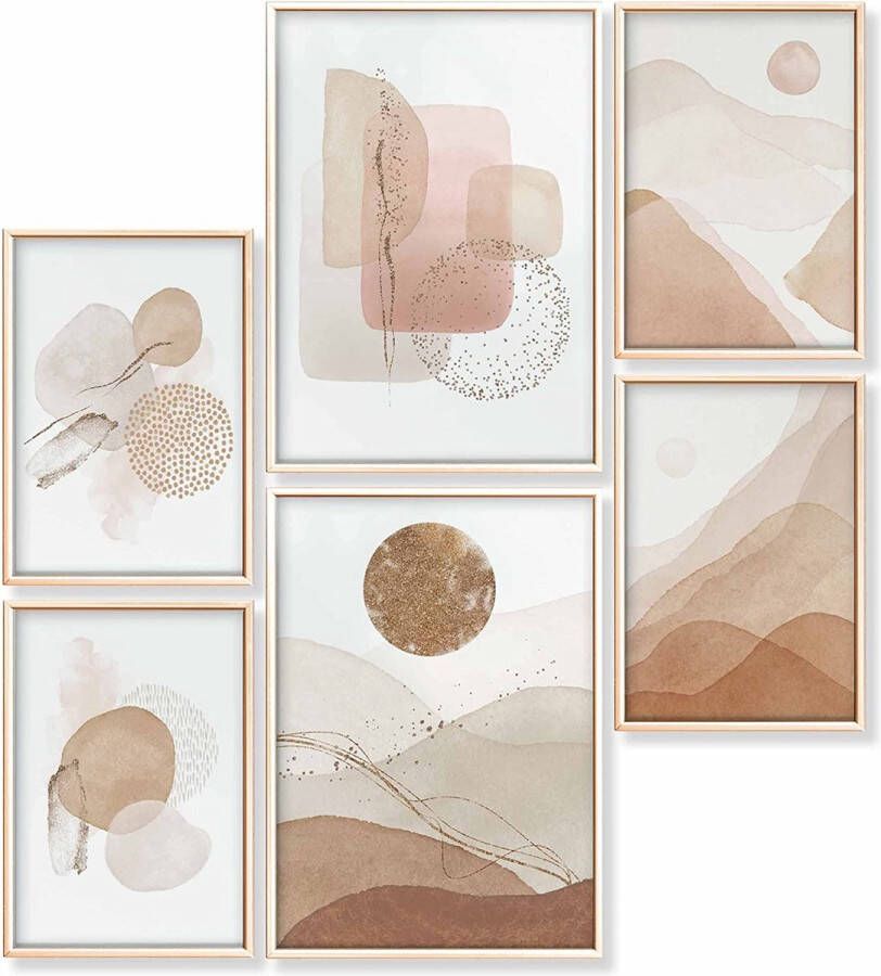 Premium posterset zonder fotolijst stijlvolle set met bijpassende afbeeldingen als woonkamerdecoratie 2 x DIN A3 en 4 x DIN A4 ca. 30 x 42 cm en 21 x 30 cm Abstract Waterverf Goud III
