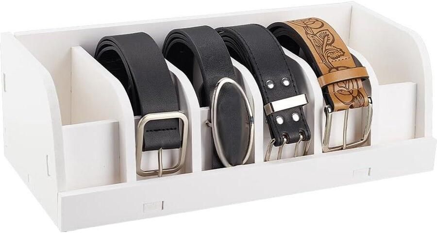 Allecto plus Riemenhouder met 6 compartimenten en witte Riemenvitrine Organizer voor kast en lade Riemenopbergorganizer met Display Praktische Riemencontainer met Ruimte voor Opruimen van Riemen