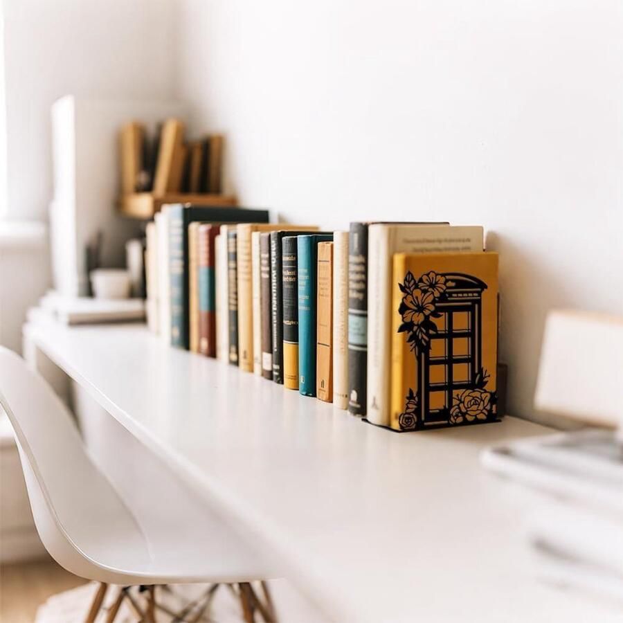 Premium Robuuste metalen boekensteunen in zwart voor bureau kantoor en thuis Decoratieve telefooncelvormige boekenplankhouder Set van 2 Opbergoplossing voor kleine items in bibliotheek