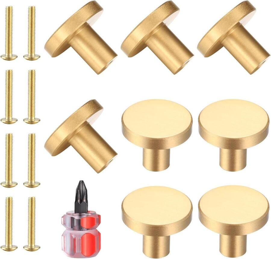 Premium Ronde goudkleurige kastknoppen met messing handgreep en schroeven 6 Pack
