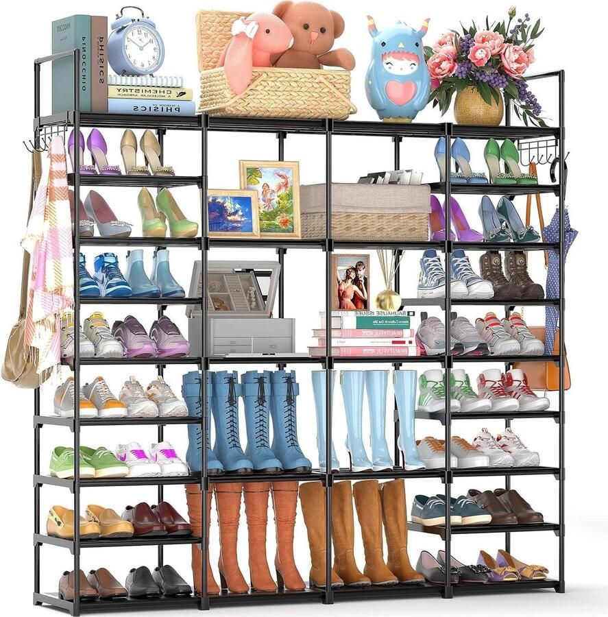 Premium Schoenenrek met 9 niveaus voor 64-72 paar schoenen Metaal Groot staand rek met haken voor woonkamer kleedkamer en hal