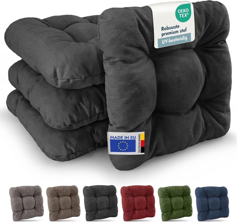 Premium Set of 4 Chair Cushion 35x35cm Anthracite – UV-resistant & Robust Seat Cushion Outdoor 8cm Thick for Balcony Garden and Indoor Use