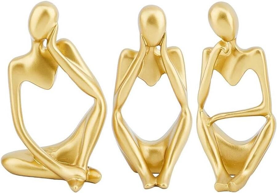 Premium Set van 3 Stijlvolle Hars Denker Standbeelden in Goud Decor Accenten voor Boekenkast en Bureau Abstracte Zittende Sculpturen Inclusief Inwijdingsgeschenken Woonkamer Decoratie