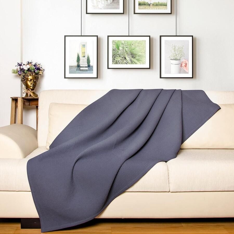 Premium Sprei 180 x 220 cm Wafel Piqué 100% Katoen Lichtgewicht Zomerdeken Katoenen Deken als Beddensprei Sprei voor op de Bank Sprei voor op de Bank Luchtige Bankdeken (Antraciet)