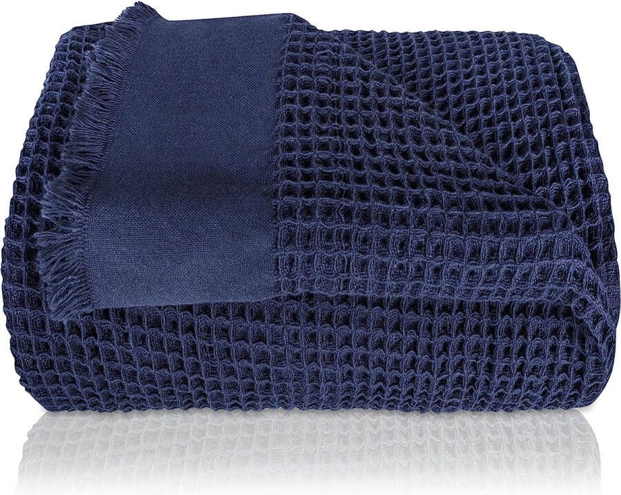 Premium sprei met franjes 150 x 200 cm warme wafelpiqué knuffeldeken 100% katoen woondeken katoenen deken als bedsprei sprei deken bank (marineblauw)