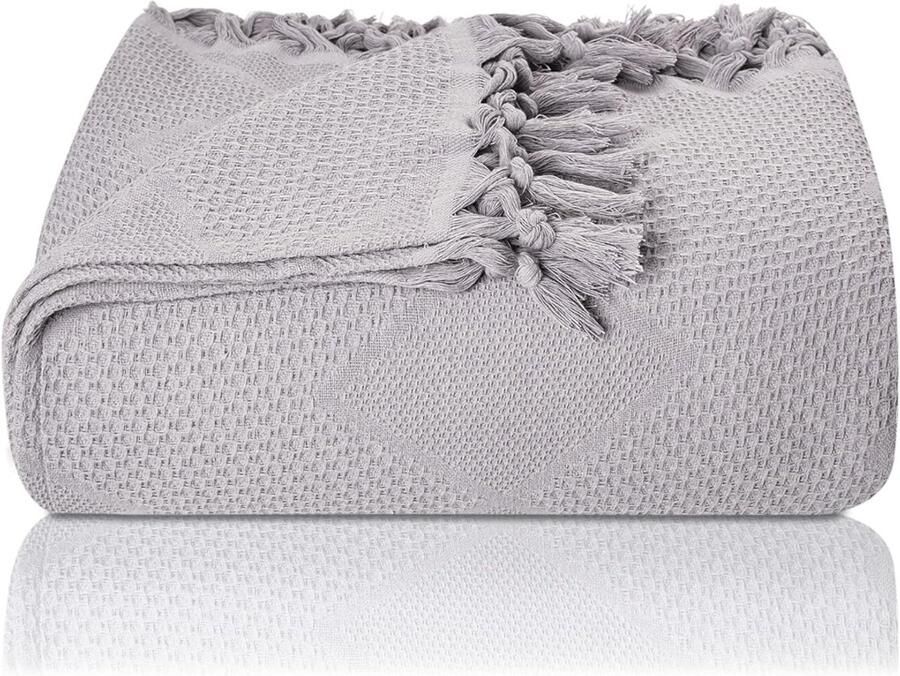 Premium Sprei met Handgeknoopte Franjes 100% Katoen 150 x 220 cm Wafel Piqué Zomerdeken Katoenen Deken als Beddensprei Bank Sprei & Sofa Deken (Lavendel)