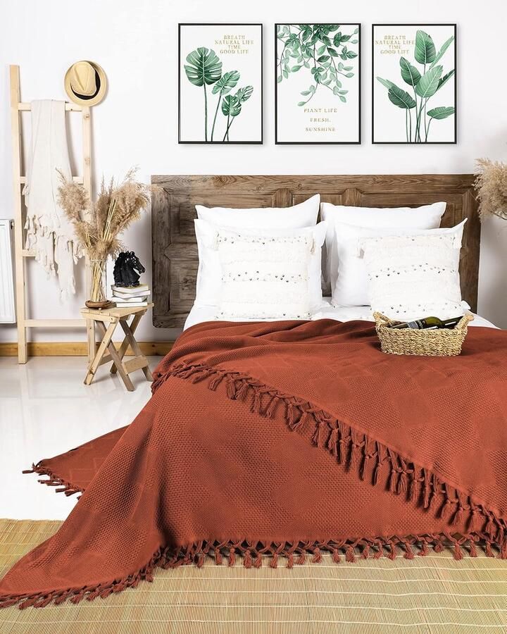 Premium Sprei met handgeknoopte franjes 100% katoen 150 x 220 cm Wafelpiqué Zomerdeken Katoenen Deken als Beddeken Bankstel Deken & Bank Deken (Bordeaux)