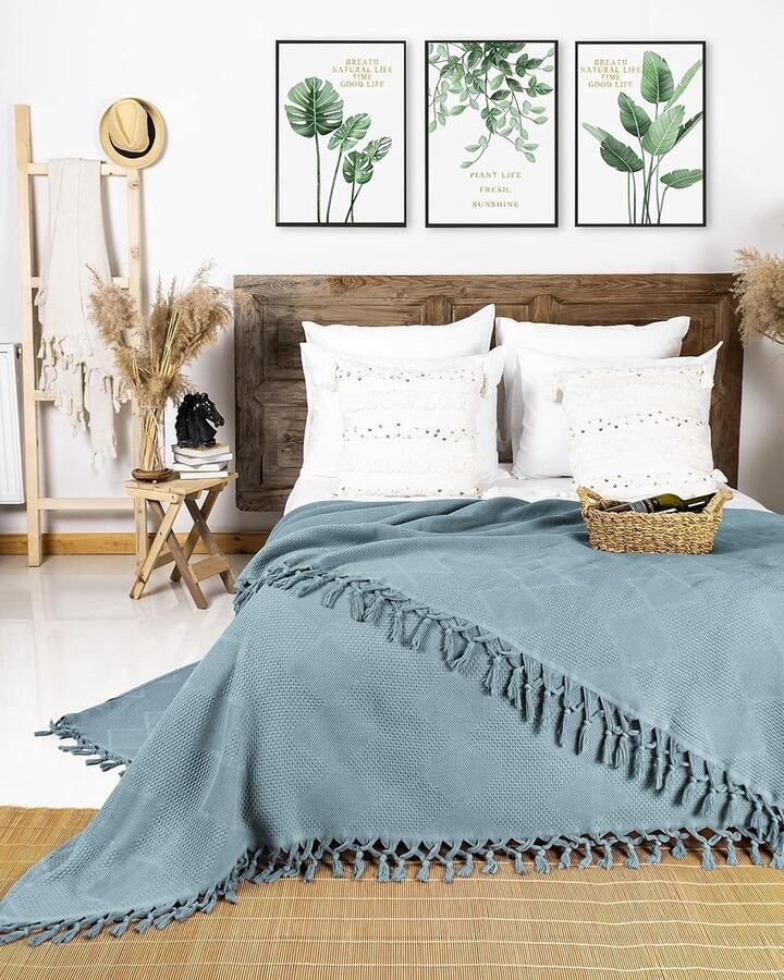 Premium Sprei met handgeknoopte franjes 100% katoen 180 x 220 cm Wafelpiqué Zomerdeken Katoenen Deken als Beddeken Bankstel Deken & Bank Deken (Lichtblauw)