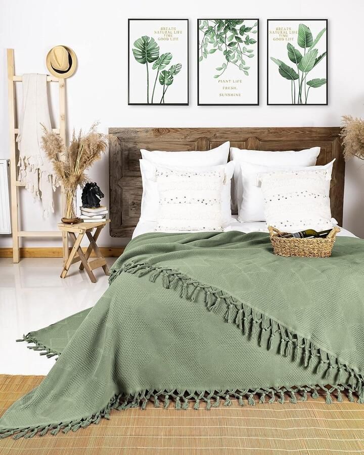 Premium Sprei met handgeknoopte franjes 100% katoen 180 x 220 cm Wafelpiqué Zomerdeken Katoenen Deken als Beddeken Bankstel Deken & Bank Deken (Munt)
