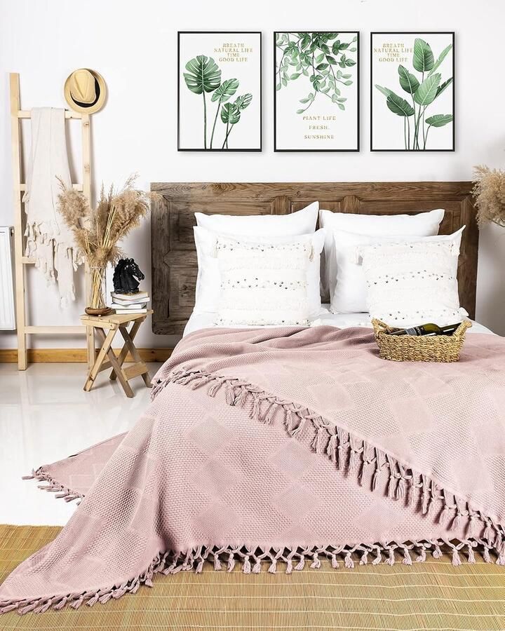 Premium Sprei met handgeknoopte franjes 100% katoen 200 x 220 cm XXL Wafelpiqué Zomerdeken Katoenen Deken als Beddeken Bankstel Deken & Bank Deken (Roze)
