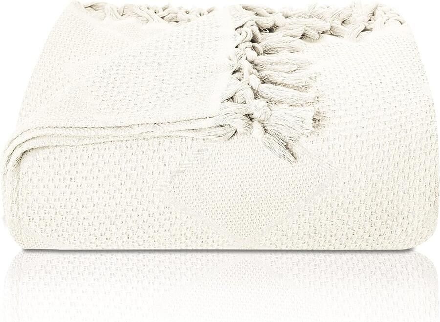 Premium Sprei met handgeknoopte franjes 100% katoen 220 x 240 cm Wafelpiqué Zomerdeken Katoenen Deken als Beddeken Bankstel Deken & Bank Deken (Natural)