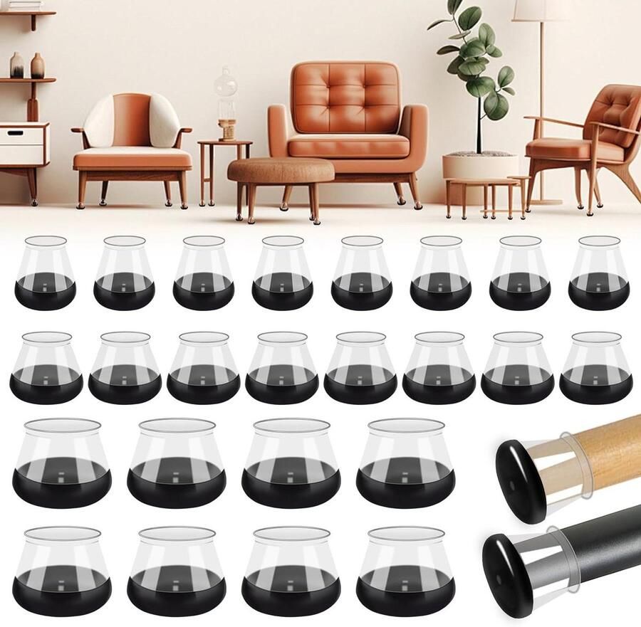 Premium Stoelpootvloerbeschermers 24 Stuks Zwarte Siliconen Covers voor Stoel en Tafelvoeten 3 Maten Elimineer Lawaai en Krassen Transparante Stoelpoot Caps voor Bank