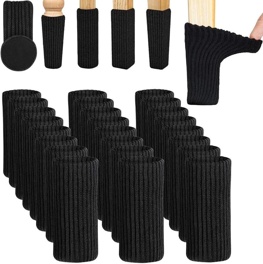 Premium Stoelsokken voor Meubels Set van 24 stuks Antislip Stoelpootsokken Elastische Meubelsokken Tafel Stoelpootdoppen Zwart Ronde Hoekige Stoelpoten