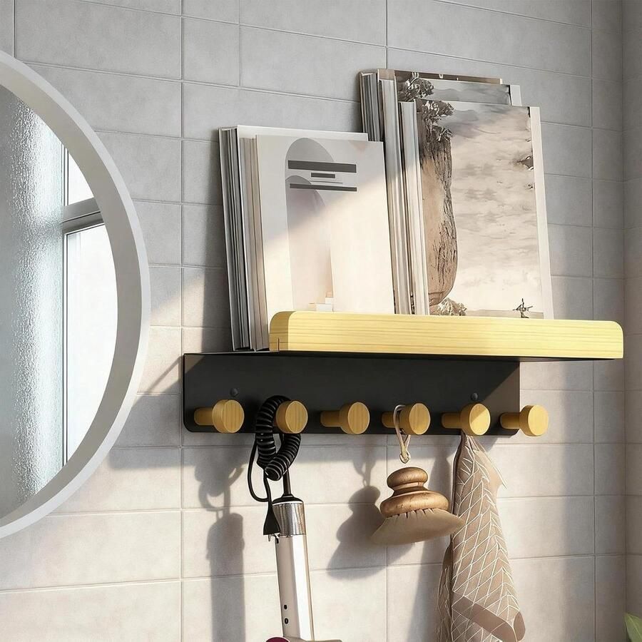 Premium Wandgarderobe Plank met 6 Houten Haken Hout en Metaal Haaklijst voor Hal Slaapkamer Badkamer Incl. Kleefmontage en Schroeven