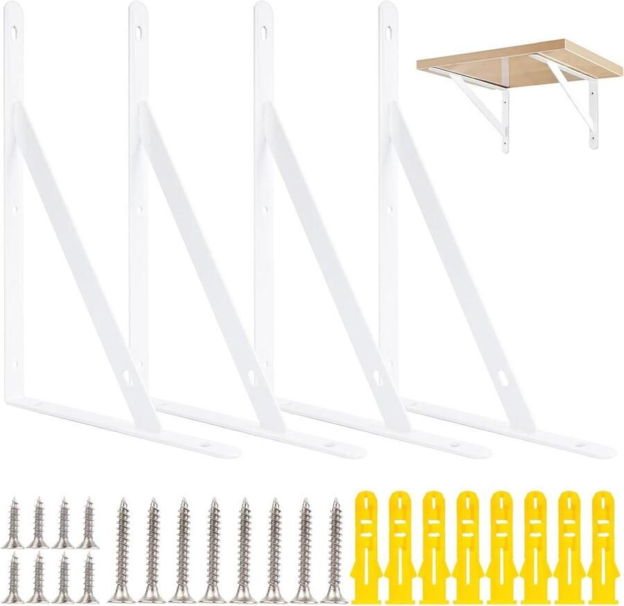 Premium Wandrek Beugels Set van 4 Wit 90 graden driehoekig 25 x 15 5 x 1 6 cm Beugels voor Zware Lasten Wandmontage