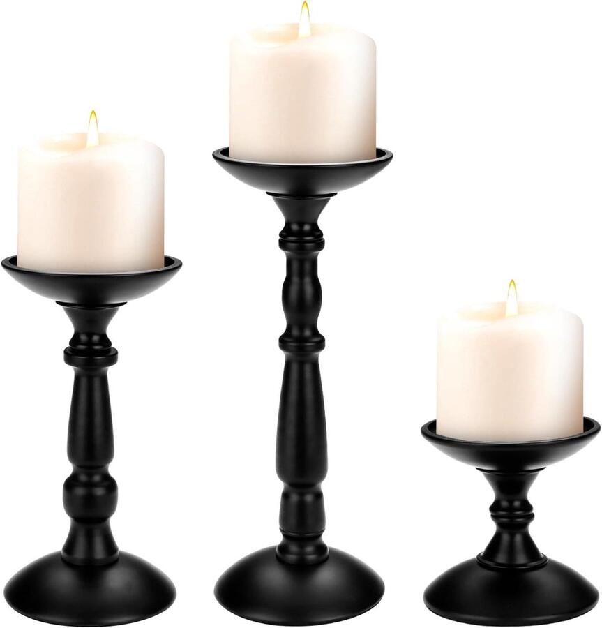 Premium Zwarte metalen kandelaar set van 3 voor decoratieve boerderij sfeer Rustieke pilaar kandelaars voor tafel middenstuk en open haard 10+20+27cm
