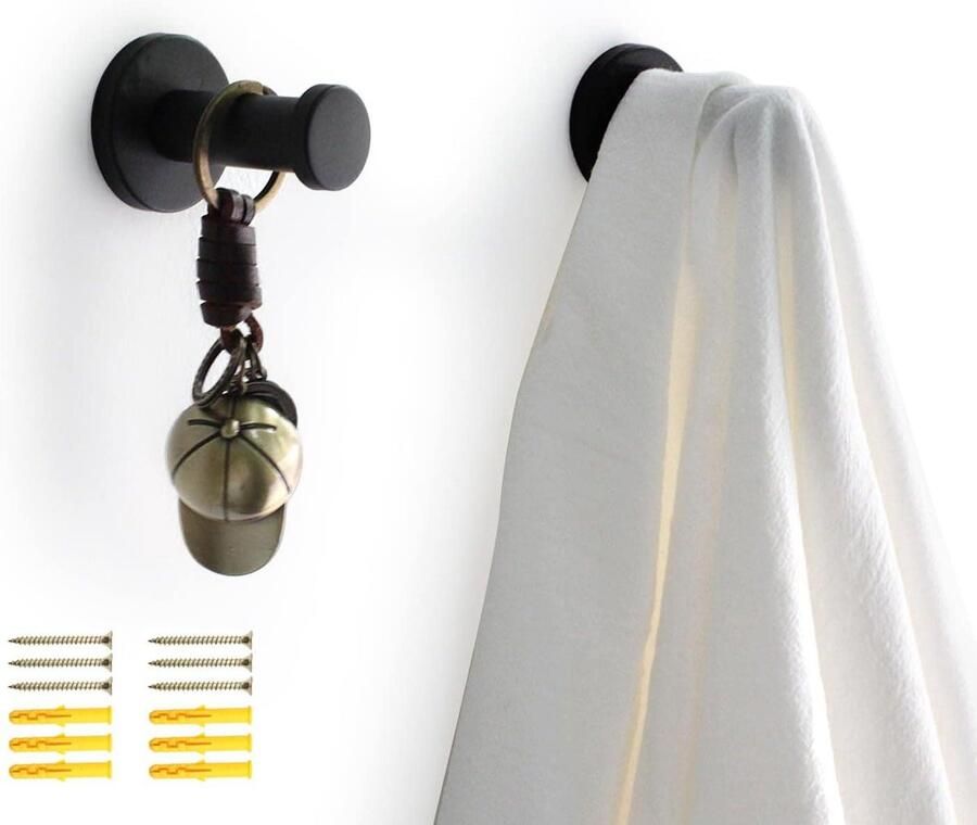 Premium Zwarte ronde wandhaken 2 stuks voor keuken badkamer studeerkamer en slaapkamer 53 mm kapstokhaken met verborgen installatie-optie