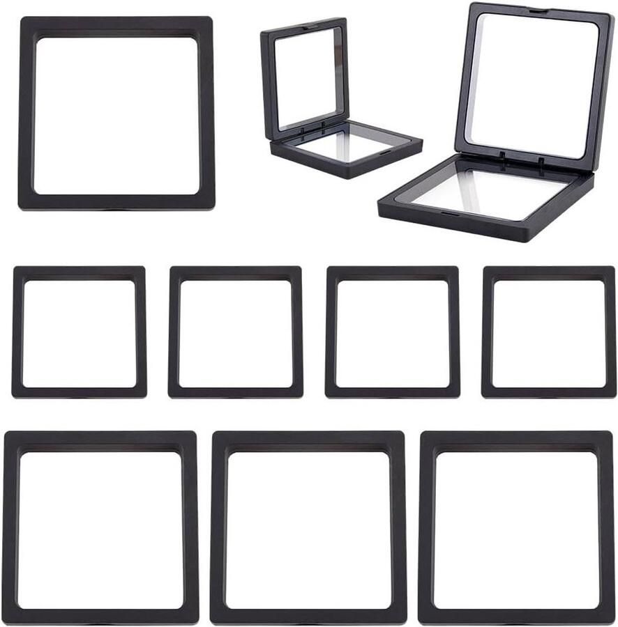 Premium Zwevend Frame voor Sieraden Vitrinekast Zwart 10 Stuks 2 Maten Transparante PE Opslag Schaduwdoos voor Badges en Medaillons