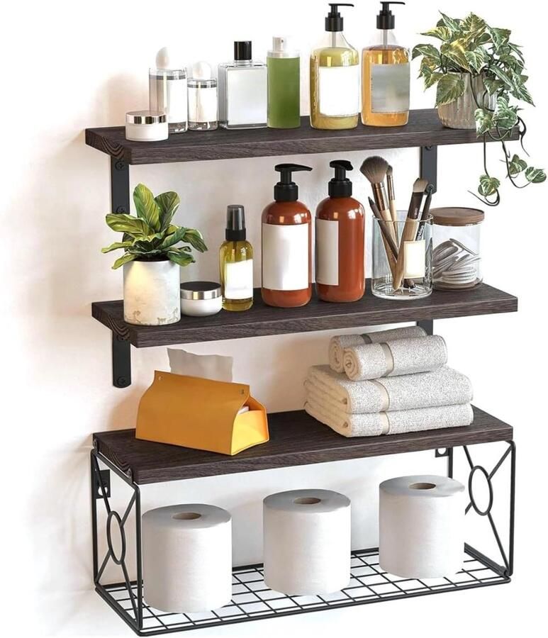 Premium Zwevend wandrek met opbergmand hangend wandrek voor woonkamer keuken slaapkamer Set van 3 houten wandplanken