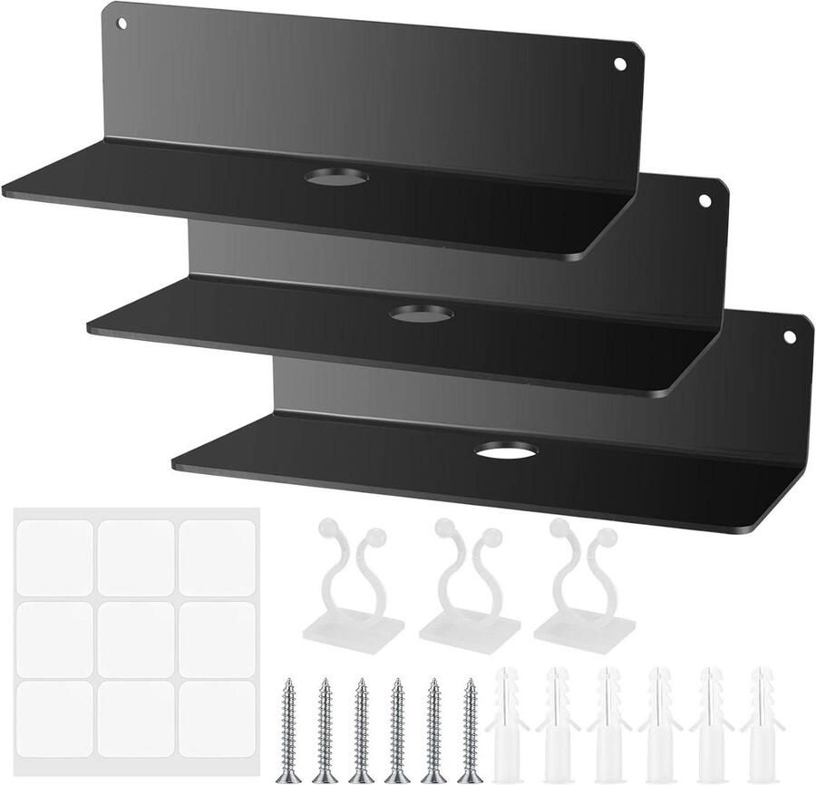 Allecto plus Zwevende wandplank zwart acryl zonder boren voor badkamer woonkamer keuken met kabelclips