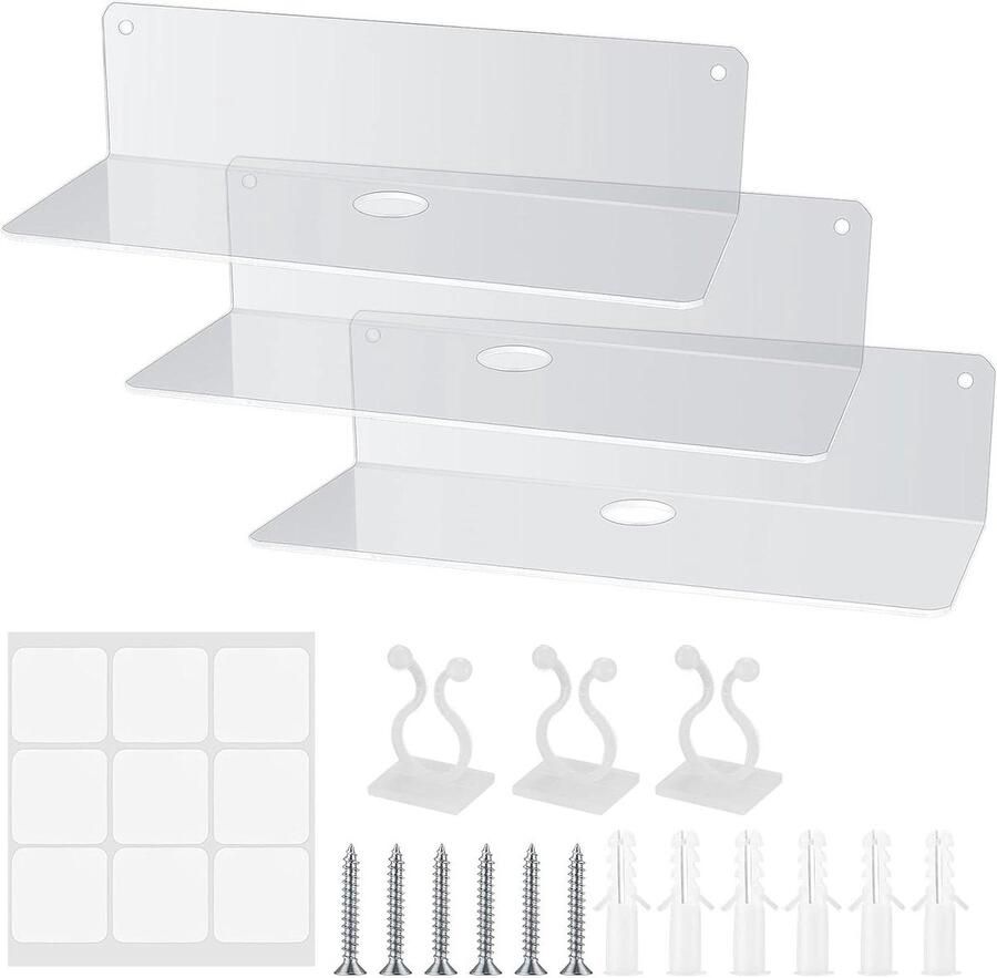 Premium Zwevende wandplanken set van 3 stuks Acryl planken zonder boren Wandrek voor badkamer woonkamer slaapkamer keuken kantoor Transparant
