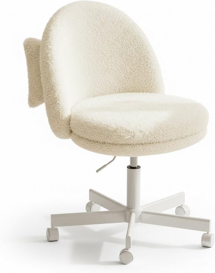 Primaro Teddy stoel Bureaustoel Teddy Zonder Armleuningen – Met kussen Teddy Stof Wit – In Hoogte Verstelbare Draaistoel op Wielen – Compact Design – Max. 110 kg