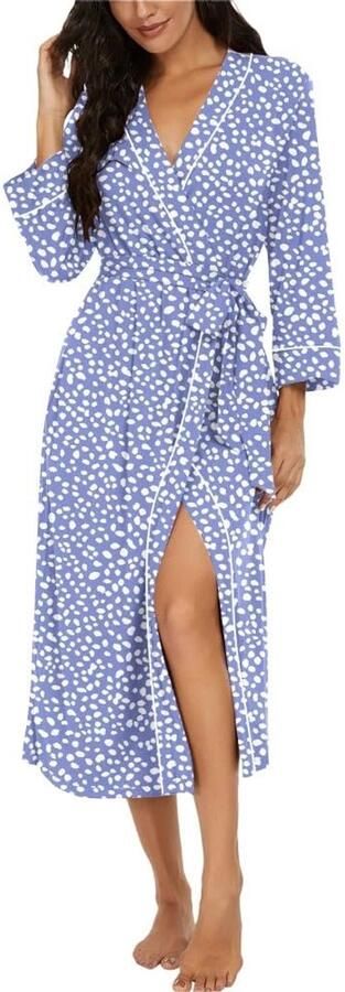 PrinStory Badjassen Dames Lichtgewicht Kimono Gewaden 3 4 Mouw Dames Kamerjassen Lange Nachtkleding Casual Loungewear Sauna Gewaad (Spot Blue L)