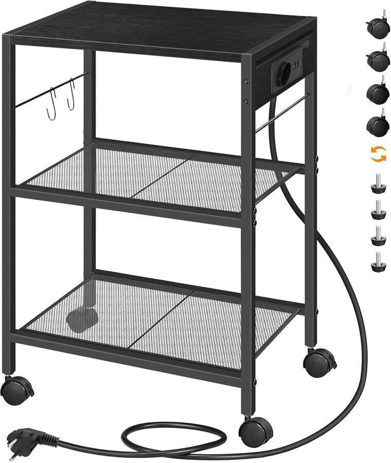 Retadou Printerstandaard 3-traps printerstandaard met laadstation opbergrek met wieltjes verstelbare poten met 2 haken voor thuiskantoor zwart