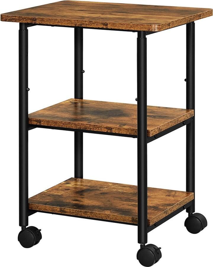 Printertafel – Met 3 niveaus en wielen Printertafel met wielen 3-laags printerstandaard verstelbaar tafelblad opbergplank voor zwaar gebruik industriële kantoorstudie vintage bruin zwart