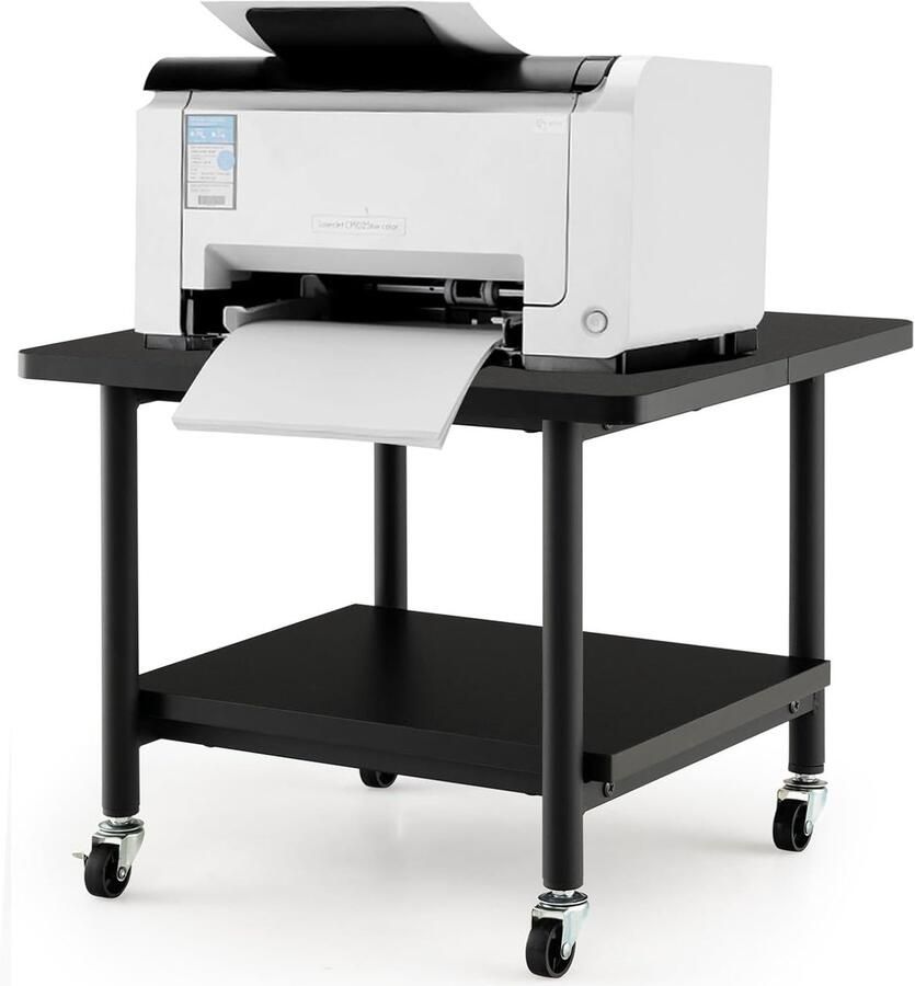 Printertafel met Vergrendelbare Wielen – Houten Printerstandaard met 2 Planken 360° Draaibaar Rolwagen voor Thuis of Kantoor – Zwart