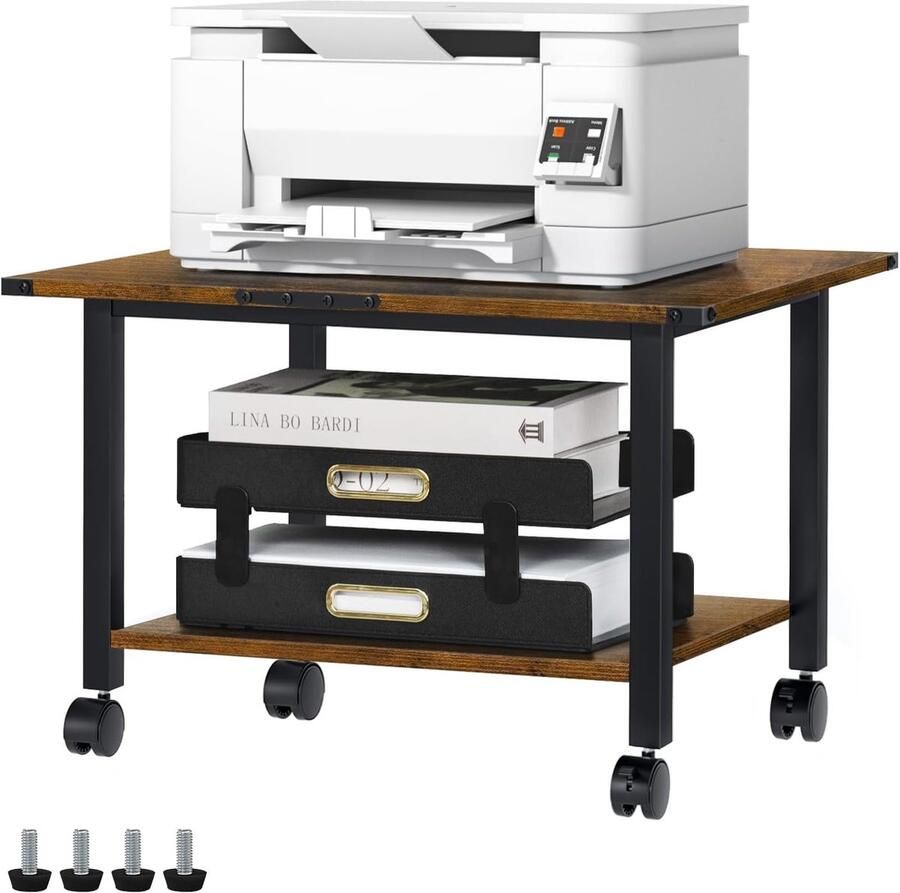 Printertafel met wieltjes mobiele 2-laagse printerstandaard printerhouder met vergrendelbare wielen printerwagen voor kantoor fax en thuis 52 5 x 40 x 36 cm bruin