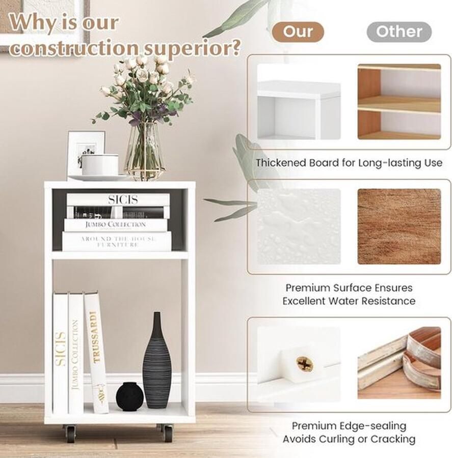 Printertafel met wieltjes mobiele rolcontainer met 2 open planken printerstandaard kantoorwagen wit archiefwagen voor thuis en kantoor 33 x 30 x 58 cm