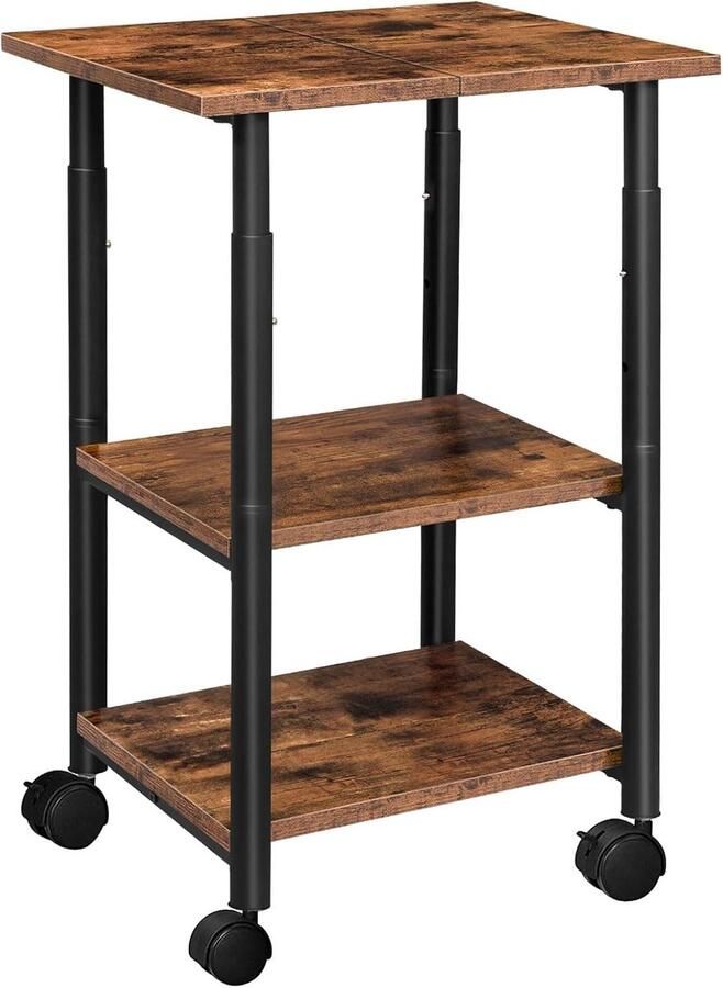 Printertafel Op Wieltjes Rustiek Bruin en Zwart Industrieel Design Verstelbare Printerwagen 3 Niveaus met Wielen Bijzettafel op Wielen Stijlvol Industrieel Design In Hoogte Verstelbaar Voor Kantoor School Thuis