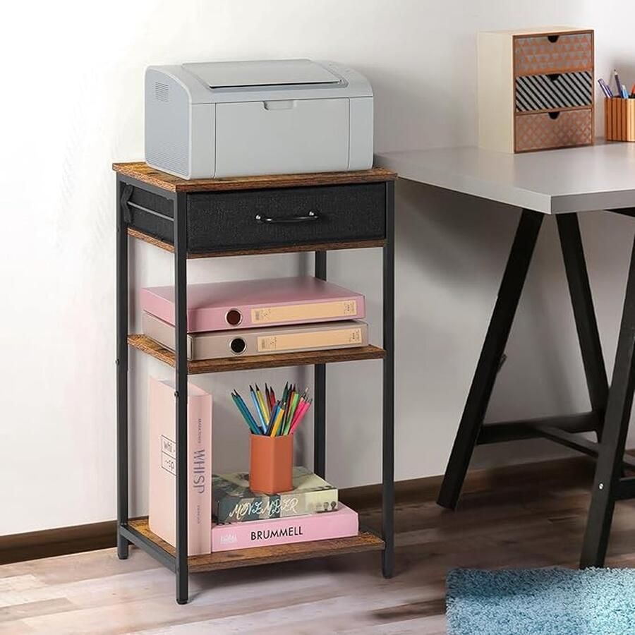 Printertafel printerstandaard met lade 3-traps bijzettafel nachtkastje met houten planken voor kleine ruimtes 40 x 30 x 70 cm telefoontafel voor thuis houten rek en metalen frame bruine