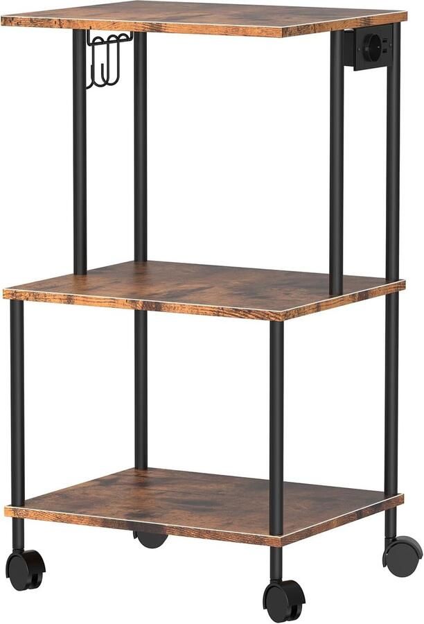 Printerwagen met laadstation – 3-laags trolley met wielen of verstelbare poten – Inclusief haken – Vintage bruin en zwart