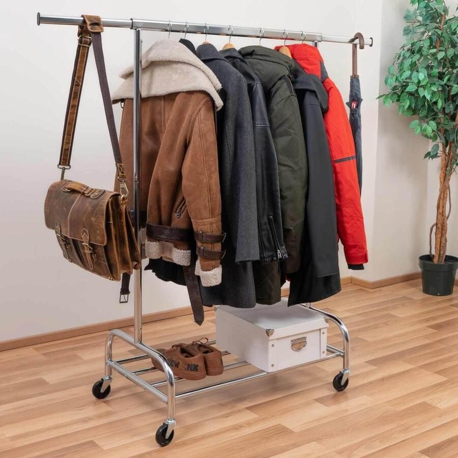 Professioneel Heavy Duty Verrijdbaar Kledingrek Met Schoenenrek Op Wielen Stevig Mobiel Verstelbaar Kleren Rek Op Wielen Kledingstandaard Hangrek In Breedte Verstelbaar Verchroomd 100 Kilo Belastbaar