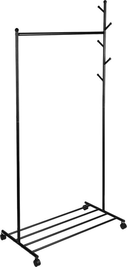 Professioneel Kledingrek Op Met Wielen (METAAL) Zwart 170 cm 1 Stang(en) Inclusief Kapstok Single Mobiel Garderoberek Totale draagkracht 60kg Hoogwaardige Kwaliteit