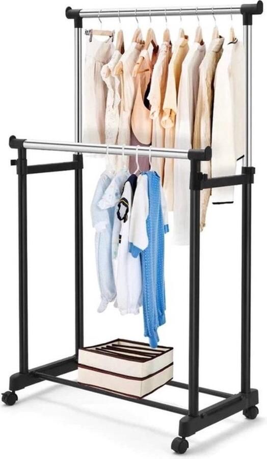 Professioneel Kledingrek Op Met Wielen Zwart 160 cm 2 Stang(en) Telescopische kapstok Hoogt verstelbaar Single Mobiel Garderoberek Totale draagkracht 60kg Hoogwaardige Kwaliteit - Foto 3