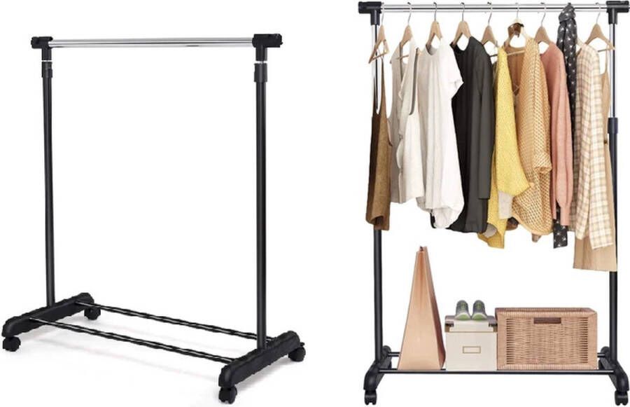 Professionele Kledingrekken Op Met Wielen (2 Stuks) Zwart 160 cm 1 Stang(en) Telescopische kapstok Hoogt verstelbaar Single Mobiel Garderoberek Totale draagkracht 20kg Hoogwaardige Kwaliteit