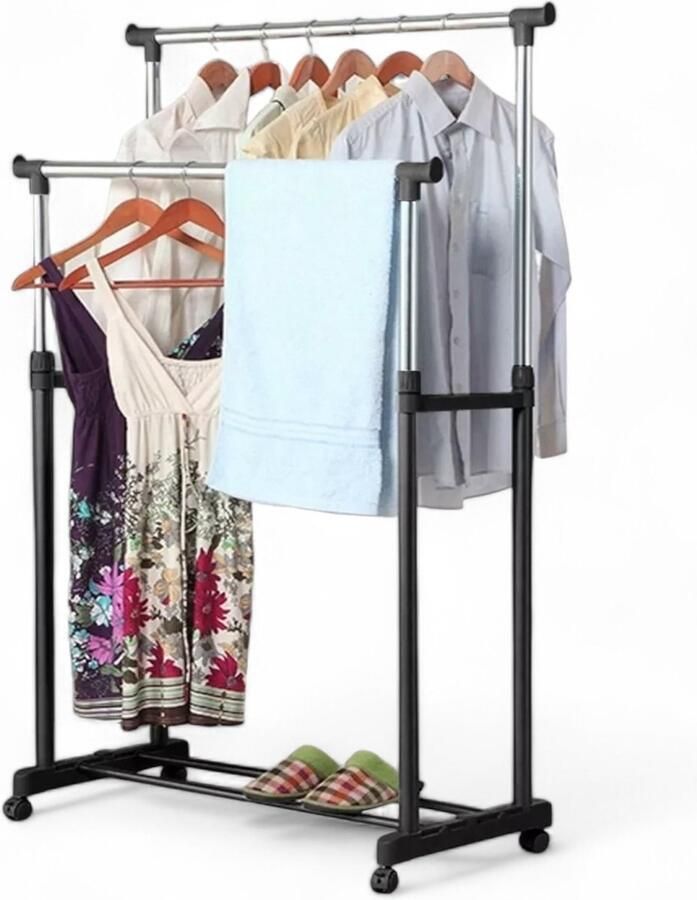 Professioneel Kledingrek Op Met Wielen Zwart 160 cm 2 Stang(en) Telescopische kapstok Hoogt verstelbaar Dubbel Mobiel Garderoberek Totale draagkracht 60kg Hoogwaardige Kwaliteit