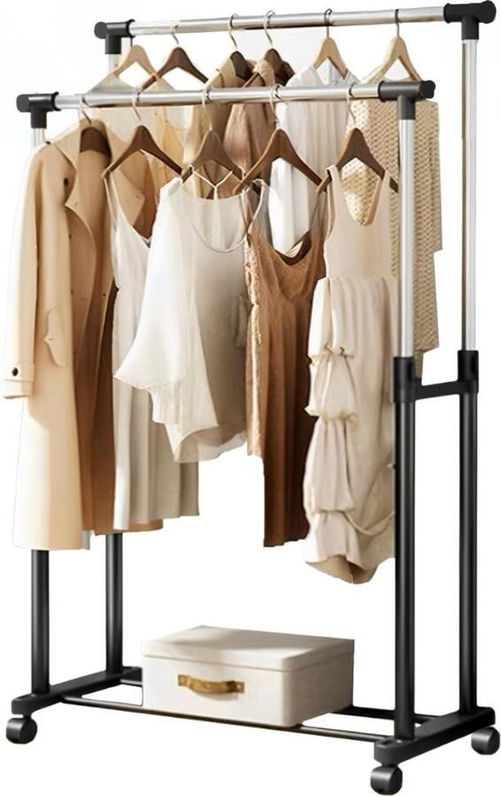 Professioneel Kledingrek Op Met Wielen Zwart 160 cm 2 Stang(en) Telescopische kapstok Hoogt verstelbaar Single Mobiel Garderoberek Totale draagkracht 60kg Hoogwaardige Kwaliteit