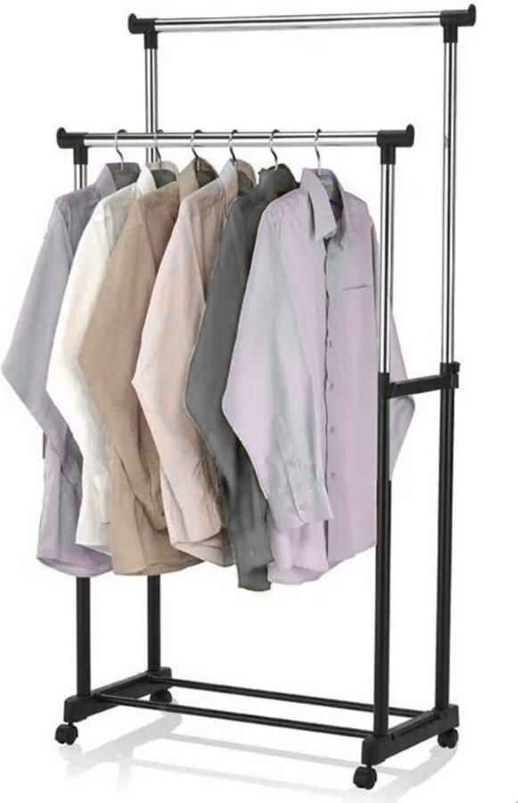 Professionele Kledingrekken (2 Stuks) Op Met Wielen Zwart 160 cm 2 Stang(en) Telescopische kapstok Hoogt verstelbaar Dubbel Mobiel Garderoberek Totale draagkracht 60kg Hoogwaardige Kwaliteit